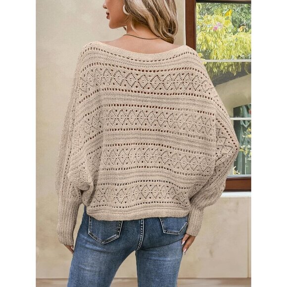 Women's Crochet Off Shoulder Sweater Light Brown Small Oversized Long Sleeve - Picture 2 of 6